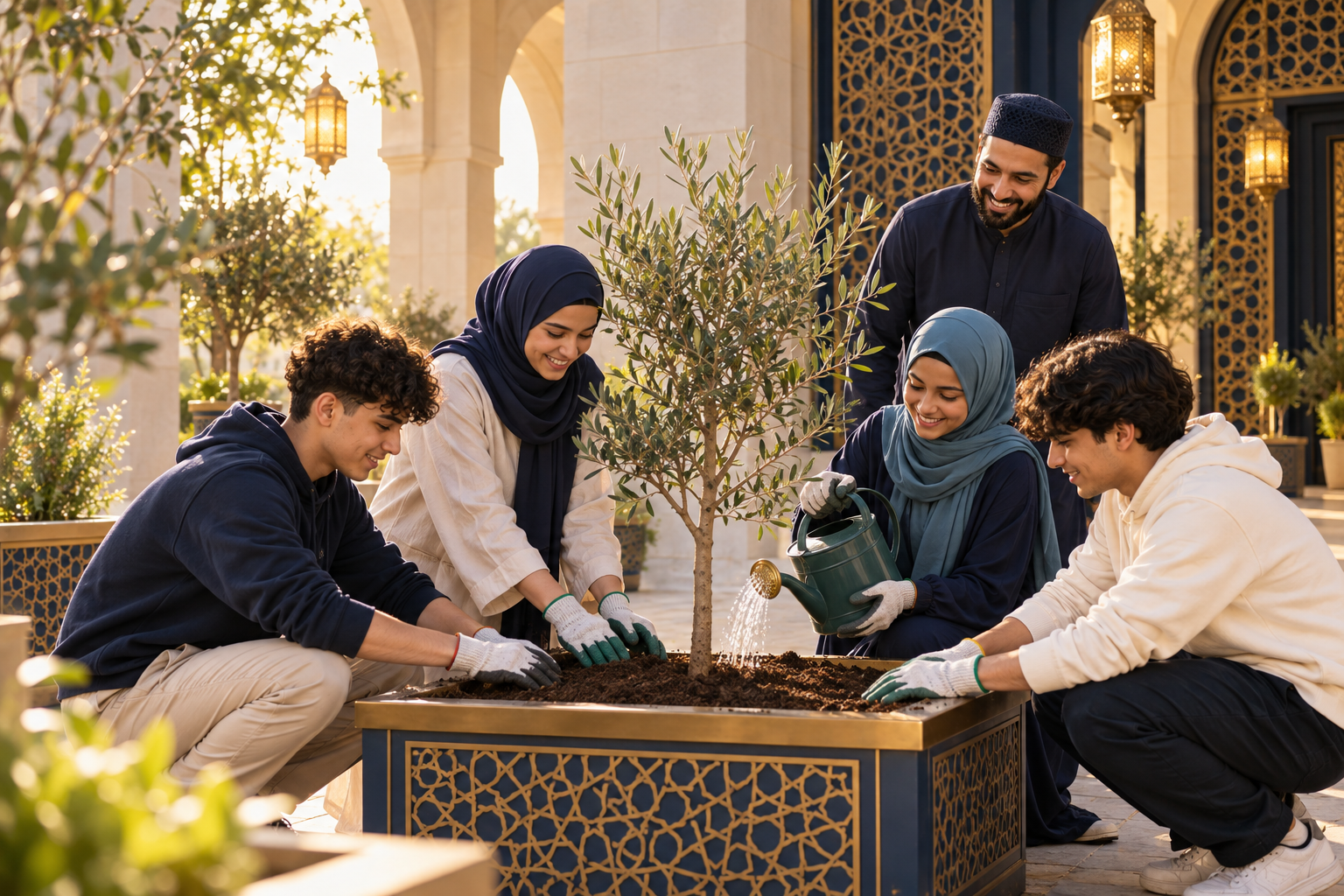 Illustration of young Muslims planting and caring for a tree together